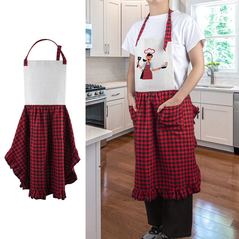 May include: A red and black checkered apron with a white top and a ruffle trim. The apron has two pockets and features a cartoon chef with the text "Let's Get Cooking".