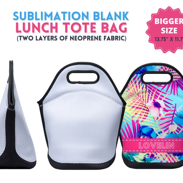 Sublimation Lunch Tote bag, Big Sublimation Lunch bag, 2 Side Printable With Black bottom & Edge | Neoprene lunch bag sublimation blanks