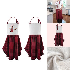 May include: Two red and black checkered aprons with white fabric tops. One apron has an embroidered image of a woman holding a spatula and a pan.