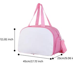 May include: Pink travel bag with a white front panel. The bag measures 17.72 inches wide, 11.81 inches tall, and 9.06 inches deep.