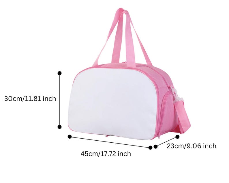May include: Pink travel bag with a white front panel. The bag measures 17.72 inches wide, 11.81 inches tall, and 9.06 inches deep.