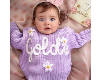Heirloom Custom Hand-Embroidered Baby Sweater with Name - 17 Colors - Personalized Keepsake Gift