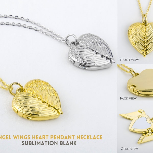 Sublimation Blanks Angel Wings Heart Necklace  | Angel Wings Heart Pendant Locket Necklace with Magnetic closure | In Golden & Silver Colors