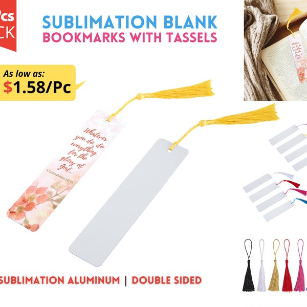 10x Sublimation Bookmarks Blanks | High Gloss Double Sided Aluminum Sublimation Blank Book Mark with Tassels available in 8 colors