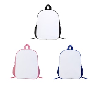May include: Three blank canvas backpacks in black, pink, and blue. The backpacks are made of a durable canvas material and have a zipper closure.