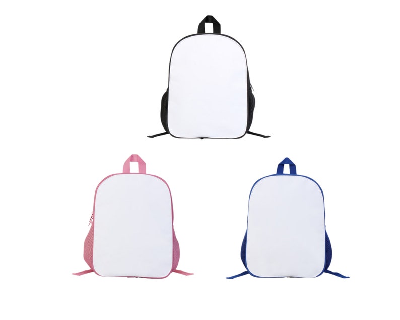 May include: Three blank canvas backpacks in black, pink, and blue. The backpacks are made of a durable canvas material and have a zipper closure.