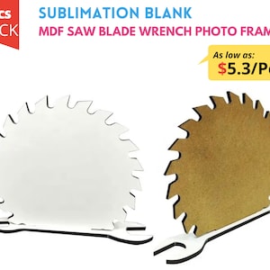 May include: Five blank MDF saw blade wrench photo frames. The frames are white and have a saw blade shape with a wrench handle. The frames are perfect for sublimation.