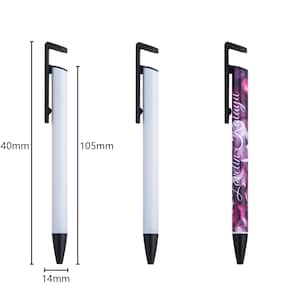 May include: Three white pens with black retractable tips and a black phone stand on the top. The pens are 5.5 inches long and 0.55 inches wide. The phone stand is 0.55 inches wide. One pen has a floral design with the text "Forever Beauty".