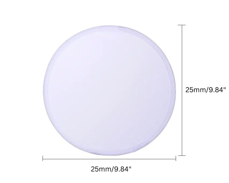 May include: A white, circular object with a diameter of 0.98 inches. The object is shown against a white background. The dimensions are clearly labeled on the image.