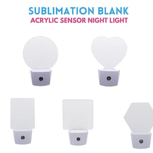 May include: Five different sublimation blank acrylic sensor night lights. The lights are in the shapes of a circle, heart, square, rectangle, and hexagon. The lights are white and have a grey base.