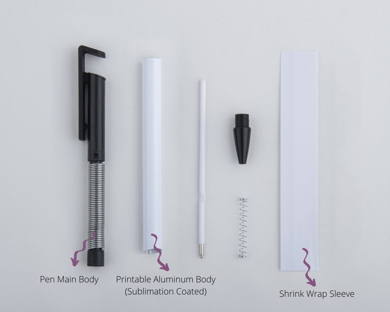 May include: A disassembled set of parts for a black and white retractable pen. The parts include the pen main body, a printable aluminum body, a shrink wrap sleeve, a spring, and a pen tip.