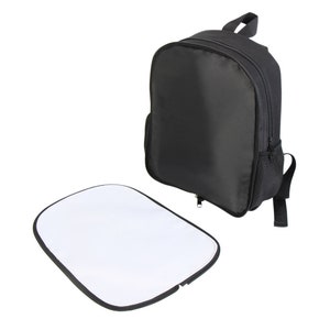 May include: A black backpack with a zippered front pocket and a mesh side pocket. The backpack is lying on a white surface next to a white blank sublimation transfer sheet.