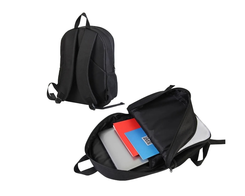 May include: A black backpack with a zippered front pocket and a laptop compartment. The backpack is open and has a laptop, a red notebook, and a blue notebook inside.