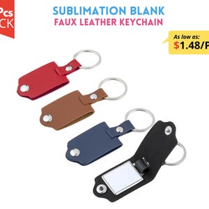 May include: A pack of 10 blank faux leather keychains for sublimation. The keychains are shown in four different colors: red, brown, blue, and black. The keychains are made of faux leather and have a metal ring for attaching keys.  "As low as: $1.48/Pc" is written on the image.