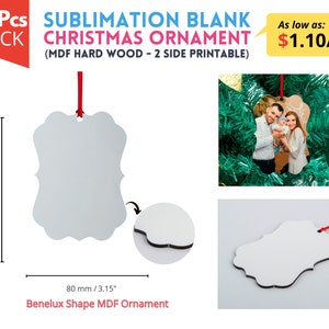 10x Sublimation Christmas Ornaments Blanks | Double sided MDF Ornament Blanks | Benelux MDF Ornament sublimation blank with Red ribbon