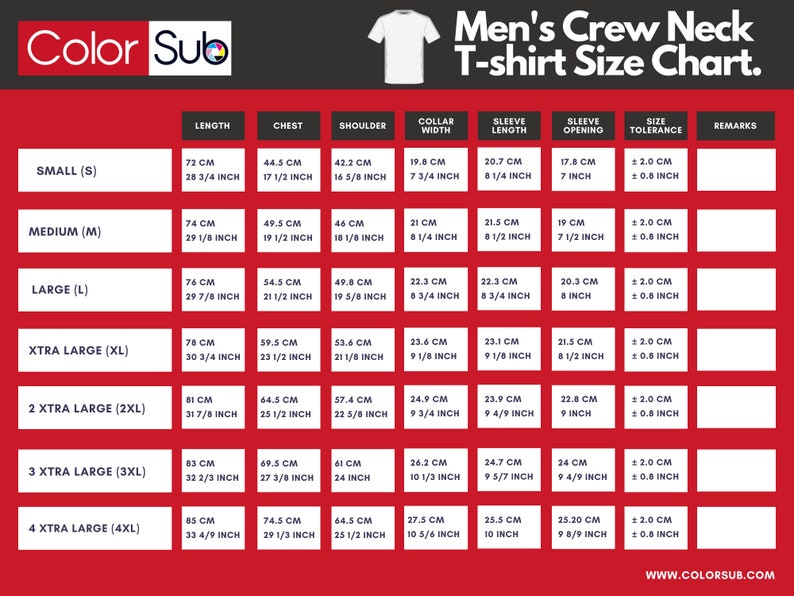 May include: A size chart for men's crew neck t-shirts. The chart shows the length, chest, shoulder, collar width, sleeve length, sleeve opening, size tolerance, and remarks for each size. The sizes are small, medium, large, extra large, 2 extra large, 3 extra large, and 4 extra large. The measurements are in both centimeters and inches.