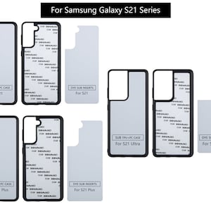 May include: A set of three phone cases and dye sub inserts for the Samsung Galaxy S21 series. The cases are black with a clear back and the inserts are white. The text on the cases reads "SOFT TPU+PC CASE" and "For S21", "For S21 Plus", and "For S21 Ultra". The text on the inserts reads "DYE SUB INSERTS" and "For S21", "For S21 Plus", and "For S21 Ultra".