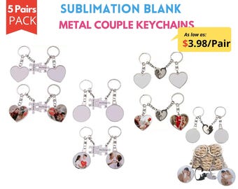 5x Pack Sublimation Blank Couple Keychain with Puzzles Charms His Crazy Her Weirdo | Custom Blank Heart Keychain with Cats Charms