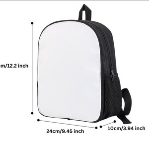 May include: Black and white canvas backpack with a zipper closure and a mesh pocket on the side. The backpack measures 12.2 inches tall, 9.45 inches wide, and 3.94 inches deep.