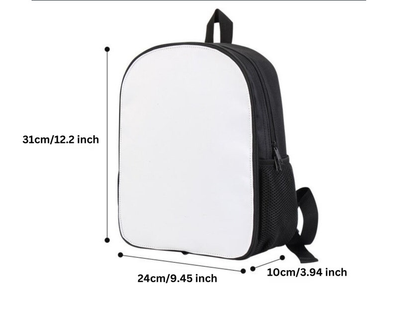 May include: Black and white canvas backpack with a zipper closure and a mesh pocket on the side. The backpack measures 12.2 inches tall, 9.45 inches wide, and 3.94 inches deep.