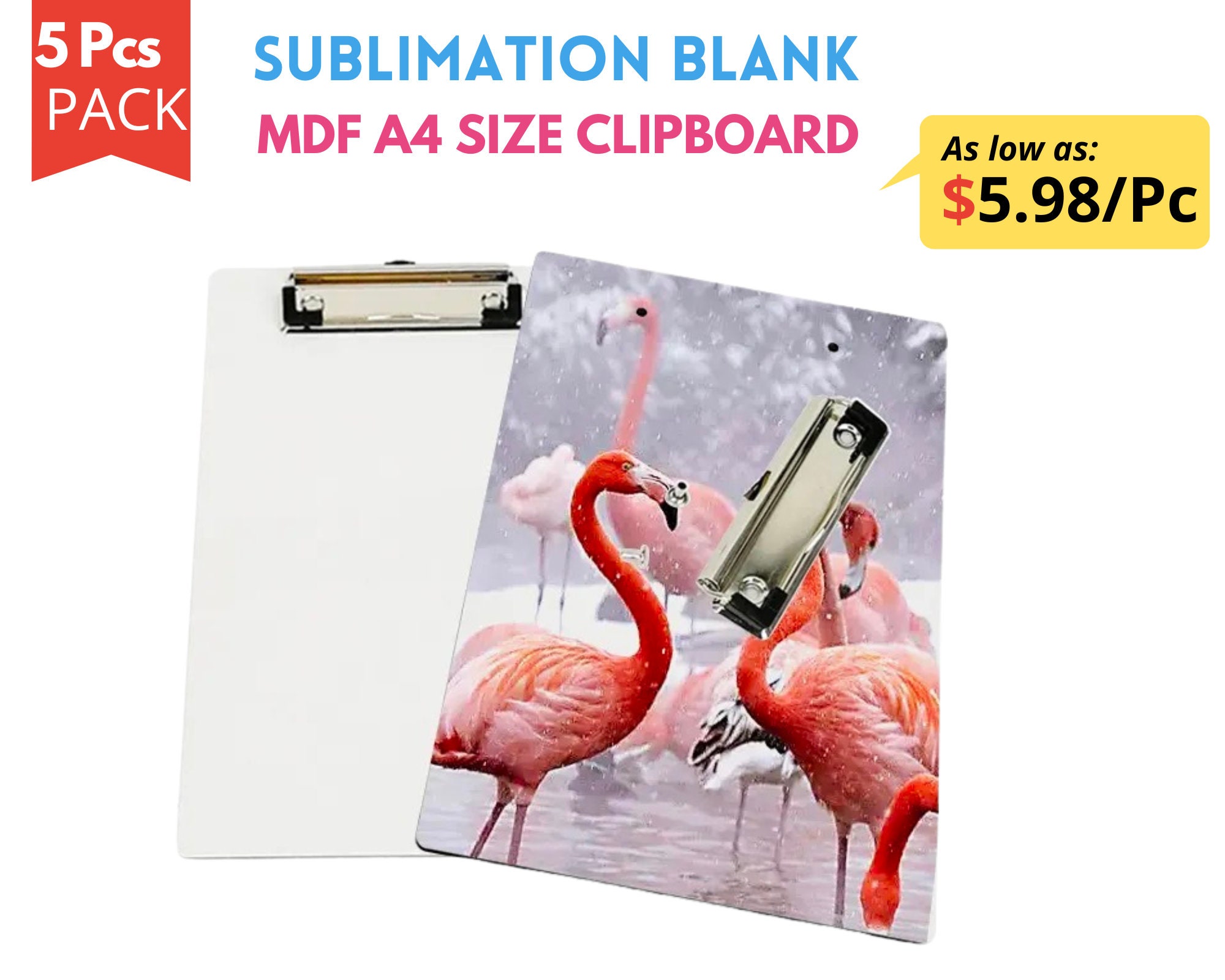 5 Pack Sublimation MDF A4 Size Clipboard Flat Clip Hardboard