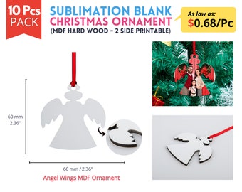10x Sublimation Christmas Ornaments Blanks | Double sided MDF Ornament Blanks | Angel Wings MDF Ornament sublimation blank with Red ribbon