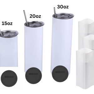 15oz 20oz 30oz Sublimation Tumbler Blank | Non-Tapered | With Stainless Steel Straw, Shrink Wrap, Rubber Bottom and White Box Packing