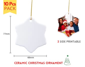 Christmas Ornaments Sublimation Blanks | 10 Pack | Porcelain Christmas Ornament Star Flake Shape | 2 Sides Printable | Christmas Ornaments