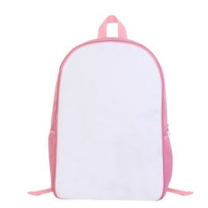 May include: A pink blank canvas backpack with a zipper closure. The backpack has a white front panel for customization.