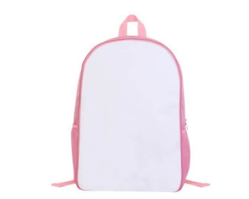 May include: A pink blank canvas backpack with a zipper closure. The backpack has a white front panel for customization.