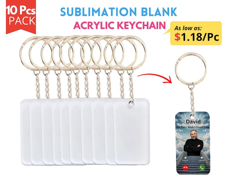 10x Pack Sublimation Acrylic Keychain Blank | Custom Acrylic Keychains | Personalized Acrylic Memorial Keychains image 1