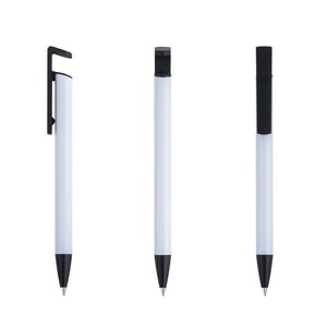 May include: Three white pens with black accents. The pens have a clip on the top and a black tip.