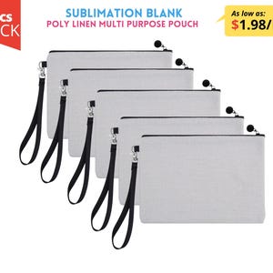 Pacote com 5 peças de bolsa para cosméticos de sublimação, bolsa para lápis de sublimação, bolsa multiuso em branco de sublimação, bolsa de poliéster e linho, bolsa de maquiagem com zíper