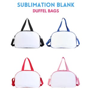 May include: Four blank sublimation duffel bags in black, blue, red, and pink. The bags are made of a white fabric and have a zipper closure. The bags are perfect for customizing with your own designs.