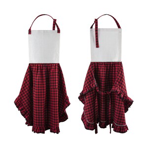 May include: A red and black checkered apron with a white top and ruffled edges. The apron has a tie at the waist and a loop for hanging.