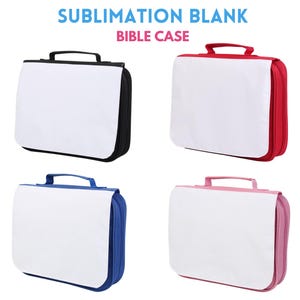 Puede incluir: Cuatro estuches para Biblia en blanco para sublimación en diferentes colores: negro, rojo, azul y rosa. Cada estuche tiene una cremallera y un asa.