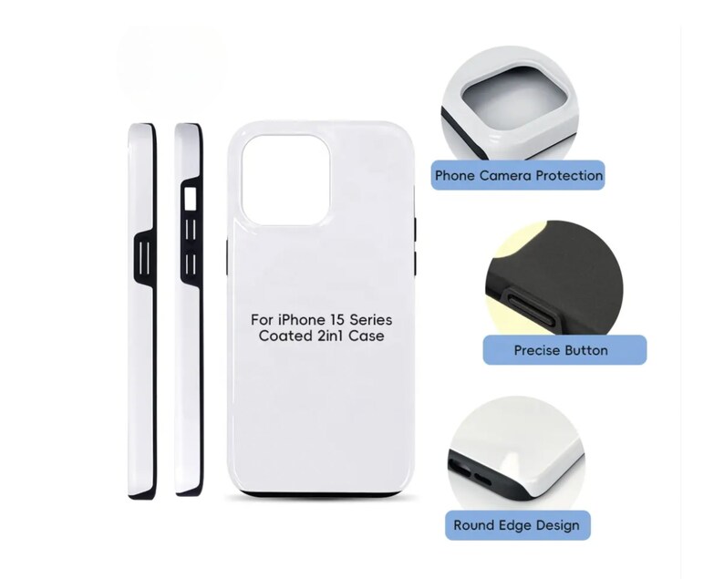 Może przedstawiać: Białe etui na telefon iPhone 15 series z czarną ramką. Etui to konstrukcja dwuczęściowa z warstwą ochronną i twardą zewnętrzną powłoką. Etui posiada podniesioną ramkę aparatu dla dodatkowej ochrony, precyzyjne wycięcia na przyciski i zaokrąglony design.