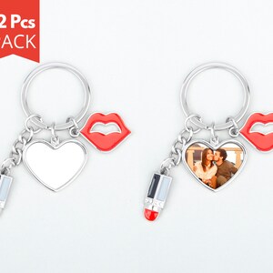 12x Pack_ Sublimation Heart Keychain | Metal Keychain Blank  | Bag Charm Blanks | Key Holder Blanks with Lips n Lipstick Heart Shape Charms