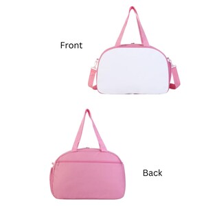 May include: Pink travel duffel bag with a white front panel. The bag has two top handles and a shoulder strap. The words "Front" and "Back" are printed on the image.