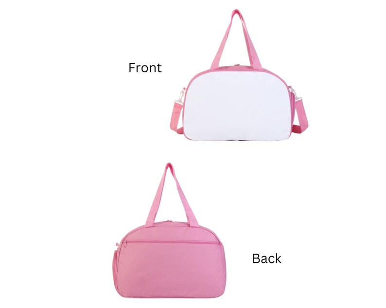 May include: Pink travel duffel bag with a white front panel. The bag has two top handles and a shoulder strap. The words "Front" and "Back" are printed on the image.
