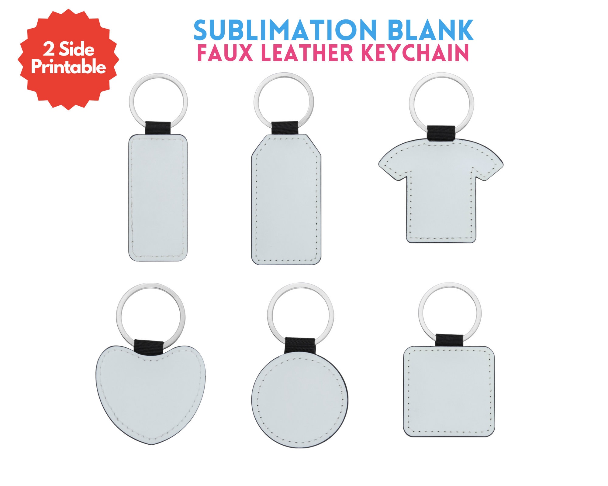 ColorSub Sublimation Faux Leather Keychain Blanks | Double Sided Faux Leather Sublimation Key Chain Available in 6 Shapes | Sublimation Key Holder