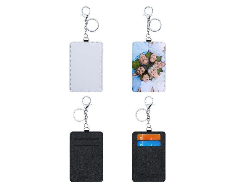 May include: Four keychains with different designs. Two are black with a silver chain and two are white with a silver chain. One black keychain has two card slots. One white keychain has a photo of a family.