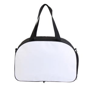 May include: A black and white duffel bag with a rounded bottom and a zipper closure. The bag has a single top handle.
