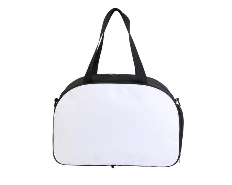 May include: A black and white duffel bag with a rounded bottom and a zipper closure. The bag has a single top handle.