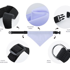 Puede incluir: Un collar de perro negro con una bandana de poli&eacute;ster azul claro. El collar tiene una hebilla de liberaci&oacute;n lateral de pl&aacute;stico, un anillo en D de metal y deslizadores de pl&aacute;stico. El collar est&aacute; hecho de cinta de polipropileno.