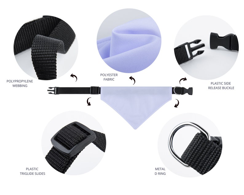 Puede incluir: Un collar de perro negro con una bandana de poli&eacute;ster azul claro. El collar tiene una hebilla de liberaci&oacute;n lateral de pl&aacute;stico, un anillo en D de metal y deslizadores de pl&aacute;stico. El collar est&aacute; hecho de cinta de polipropileno.
