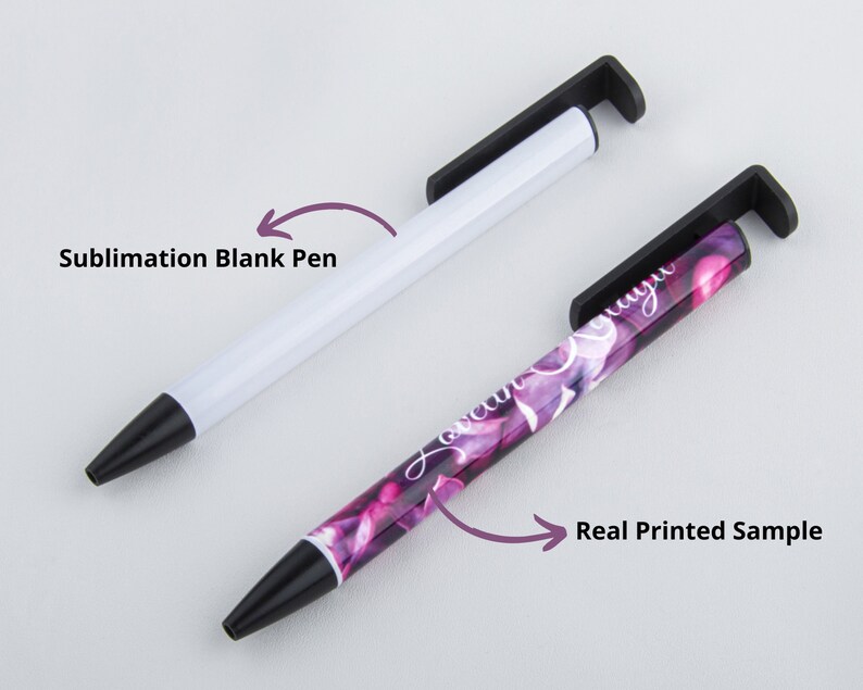 May include: A white sublimation blank pen and a purple and black printed pen with a floral design and the text "Love you always".