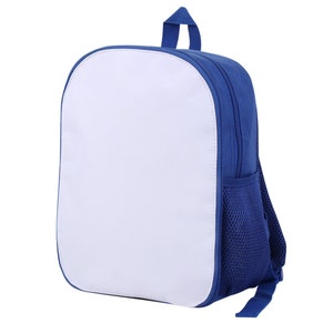 May include: A blue and white canvas backpack with a mesh pocket on the side. The backpack has a white front panel that is blank and ready for customization.
