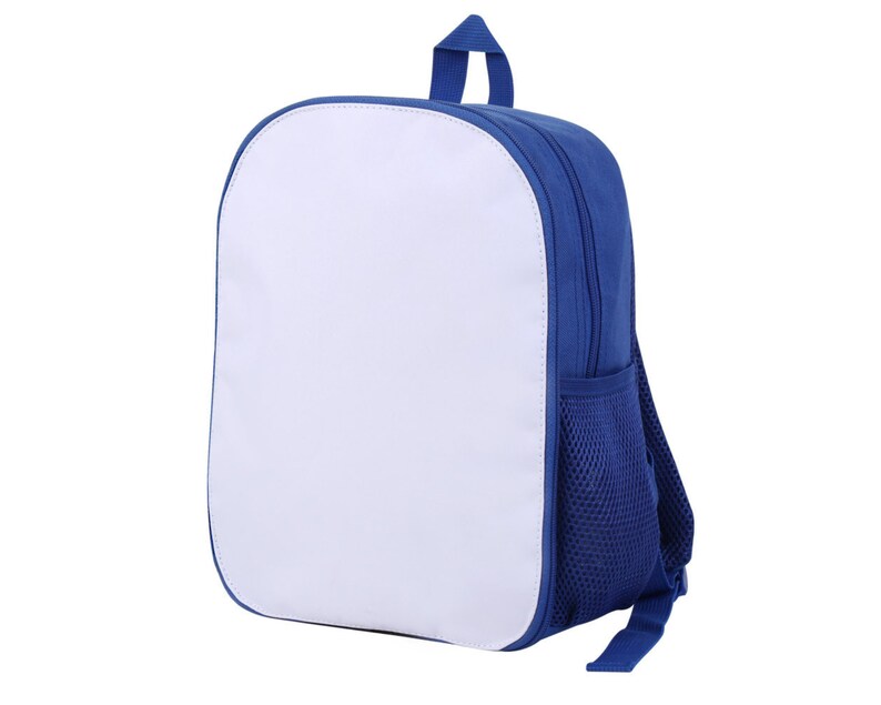 May include: A blue and white canvas backpack with a mesh pocket on the side. The backpack has a white front panel that is blank and ready for customization.