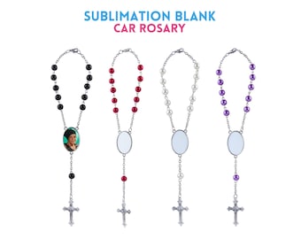 May include: Four sublimation blank car rosaries with different colored beads. The rosaries have a silver chain and a silver cross at the bottom. The rosaries have a blank oval-shaped charm in the middle. The charms are for sublimation printing.